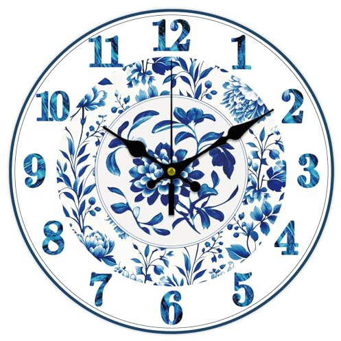 CHGCRAFT Horloge Murale en Porcelaine Bleue et Blanche de 12(5) cm Motif Fleurs Ronde Décorative pour Chambre Salon Cuisine Bureau