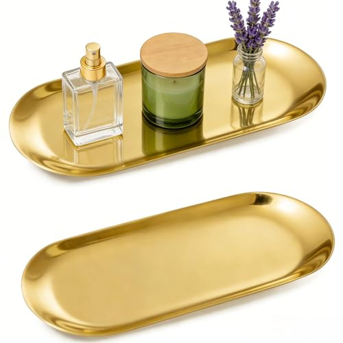 HAFRILY 2Pcs Oval Trinket Dish Stainless Steel Gold Tray Elegant Retro Jewellery Perfume Storage Decorative Tray Small Cosmetics Trays for Bedroom and Bathroom
