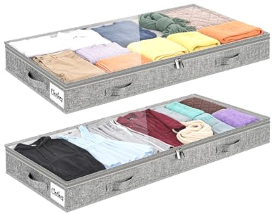 Sac de Rangement Sous Lit, Organisateurs Sous Lit avec Fenêtre Visible | Lot de 2 Rangement Pliable pour Vêtements Haut de 10 cm pour Couettes, Couvertures, Vêtements