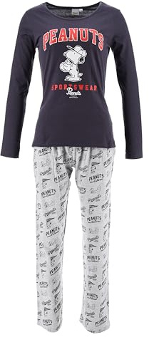 The Peanuts Schlafanzug Damen Snoopy Frauen Pyjama Set Langarm Nachthemd Oberteil Hose Winter Warm Freizeitanzug Pjs S M L XL XXL (DE/NL/SE/PL, Alphanumerisch, L, Regular, Regular, Schwarz)