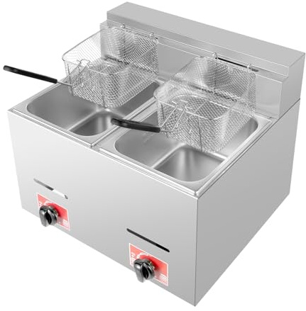 Gasfritteuse, 2800Pa Edelstahl Doppel Fritteuse, 2x6L Gewerbliche Professionelle Gas Küchenbratmaschine mit Frittierkörben und Deckeln, Temperatur bis 200°C, für Pommes frites, Zwiebelringen und Kroke