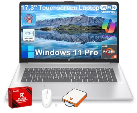 HP 17 Touchscreen Laptop Computer, 17.3 HD+ AntiGlare Display, Backlit Keyboard, Win11 Pro, AMD Ryzen 5 7430U, for Business & Student, Fast Charge, AI Copilot, w/Accessories, 20GB RAM,512GB SSD