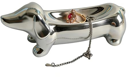 Kalsey Diseño De Perro Salchicha De Cerámica, Bandejas Decorativas Con Forma De Perro Salchicha, Soporte Para Anillos De Perro Salchicha, para Guardar Joyas y Llaves, Plata