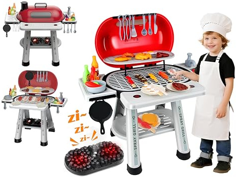 Barbecue Giocattolo Grill con Effetto Fumo Luci Suoni Realistici di Cottura Rubinetto Funzionante ad Acqua Griglia BBQ Barbeque da Cucina con Fumo Grill per Bambini con Accessori Cibo da Grigliare (A)
