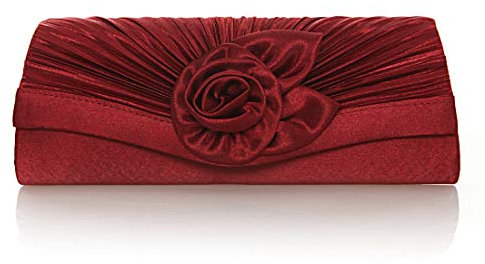 Damara, Damen-Clutch, Satin, Plissee-Blume vorne, - Weinrot - Größe: Large