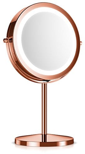 Navaris LED Illuminated Makeup Mirror - Two-Sided Vanity Mirror with Normal and 5x Magnification - 2-in-1 360° Swivel Cosmetics Mirror - Copper