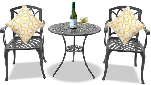 Homeology POSITANO Garden & Patio Table & 2 Large Chairs with Armrests Cast Aluminium Bistro Set - Grey