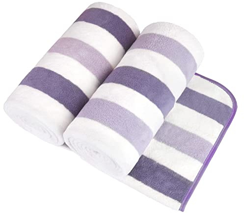 JML Microfiber Bath Towels, Bath Towel 2 Pack(30 x 60), Oversized, Soft, Super Absortbent and Fast Drying, Multipurpose Use for Sports, Fitness, Yoga, Coral Fleece Stripe Purple