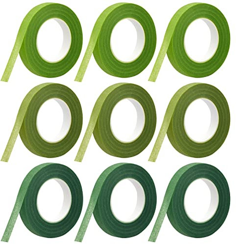 Pinsheng 9 Rollen Blumenband, Selbstklebend Floristenband, Grüne Flora Kreppband Blumendraht Dekoration für Blumenstrauß, Blumenverpackung, Basteln, Hochzeitskranz (3 Farben)