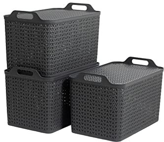 Muddy Hands Set of 3-35 Litre Extra Large Charcoal Grey Plastic Storage Basket with Lid Home Kitchen Bedroom Bathroom Office Shelf Stackable Lidded Box Container