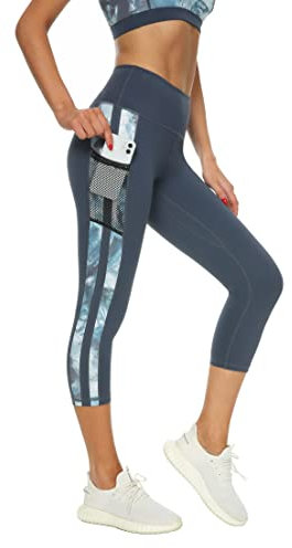 Buepeara Sport Leggings Damen Sporthose mit Taschen, High Waist Tights Laufhose Fitnesshose Für Sport & Alltag -Y2153 3/4 (Blau)/L