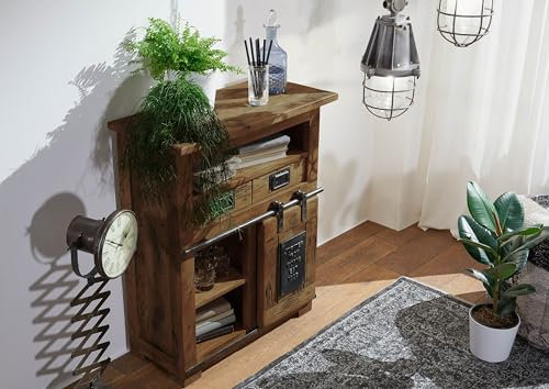 MASSIVMOEBEL24.DE | Railway kleine Kommode aus Massivholz #452 | aus Mangoholz - braun geölt | 75x36x90 cm | 5 Fächer, 2 Schubladen - mit Schiebetür | Sideboard Schrank
