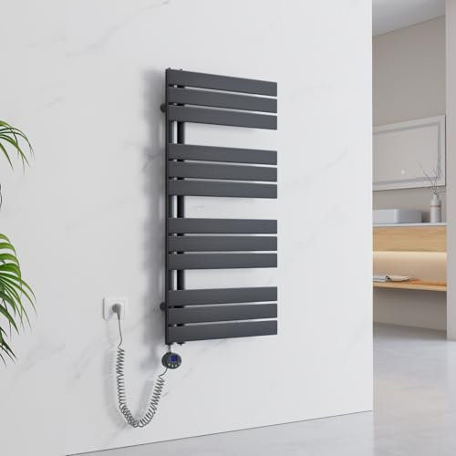 EMKE Toallero Baño Radiador Plano, toallero de Paneles, 762 x 400 mm, Negro, secador de Toallas con conexión Lateral, 342W, radiador secador de Toallas de Agua Caliente