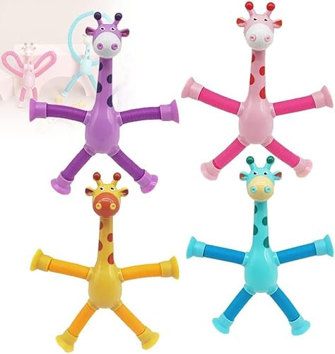 EHOTER 4 Pièces Jouet Girafe Télescopique Jouets à Ventouse Girafe Jouet De Girafe à Ventouse Télescopique Jouets Éducatifs Anti-Stress pour Enfants (avec lumières)