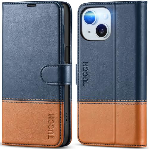 TUCCH Case for iPhone 15 (6.1) 2023 5G, PU Leather Wallet Magnetic Protective Flip Folio Stand Cover with [RFID Blocking]Card Holders[Kickstand][Shockproof TPU]Compatible with iPhone 15, Blue&Brown