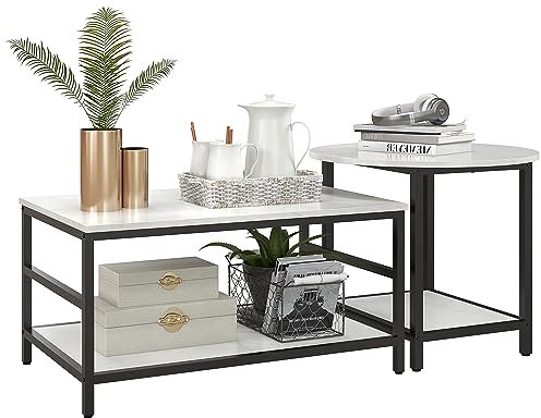 HOMCOM Couchtisch 2er-Set Beistelltisch, Kaffeetisch, Satztisch, Sofatisch im Moderndesign, Wohnzimmertisch mit Marmoroptik, für Schlafzimmer, Stahl
