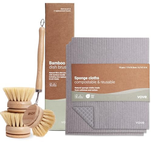 Vove | Eco-Friendly Kitchen Cleaning Bundle | Bamboo Dish Brush & 3 Sponge Cloths | Sustainable & Biodegradable Cleaning | With 3 Replacement Heads | Sustainable Cleaning | Plastic-Free