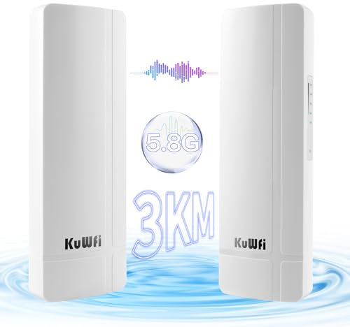 KuWFi Gigabit Outdoor Wireless Bridge, 5.8G 3KM Point to Point WiFi Bridge,1000Mbps LAN Port,WiFi Bridge 14dBi High Gain Antenna,Ethernet Bridge for Network&Surveillance Extension,24VPoE, 2RJ45,2-Pack