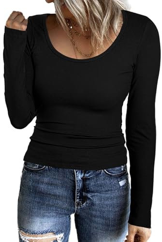Aottori Long Sleeve Tops Women Round Neck Ribbed Knit T Shirts Ladies Basic Base Layer Underwear Slim Fitted Plain Casual Pullover Tee Black M
