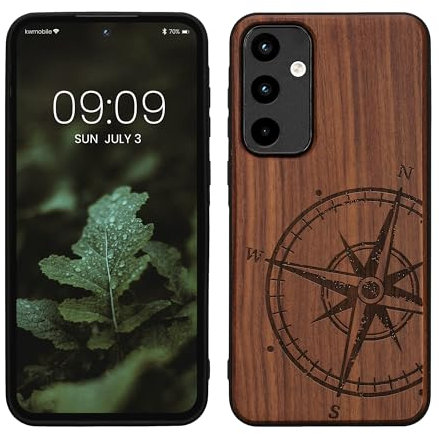 kwmobile Hülle kompatibel mit Samsung Galaxy A55 5G Hülle - Holz Case - Handy Cover - TPU Handyhülle in Dunkelbraun Kompass Vintage