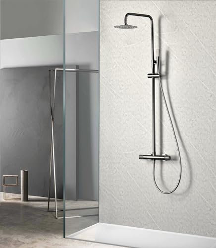 IMEX - Columna Ducha Termostatica con Grifo | Conjunto de Ducha con Alcachofa y Rociador Antical Efecto Lluvia | Griferia en Latón y Acero Inox S.304 con Barra Extensible Black Gun | Serie Line
