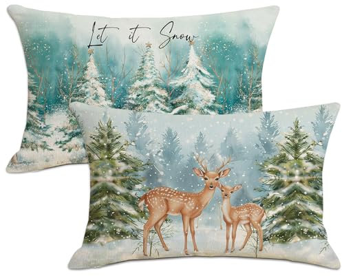 2 Stück Weihnachtskissenbezug Rechteck, Weihnachtskissen Bezug Jute, Kissenbezug Weihnachten Deko Innen, Weihnachtsdeko Amerikanisch Winter Kissen Nostalgie Sofa Bett Auto Schlafzimmer (A, 30x50cm)