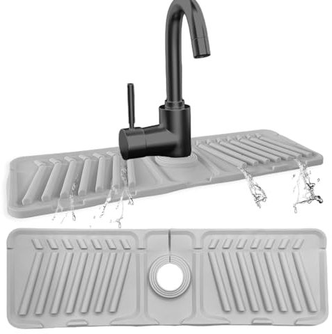 Echehi Alfombrilla Silicona Fregadero para Drenaje de Grifo, 44 x 14 cm Alfombrilla Fregadero Cocina para Grifo con Orificios Cortables, Inclinación de 7°, Diseño Plegable de 90°. Gris