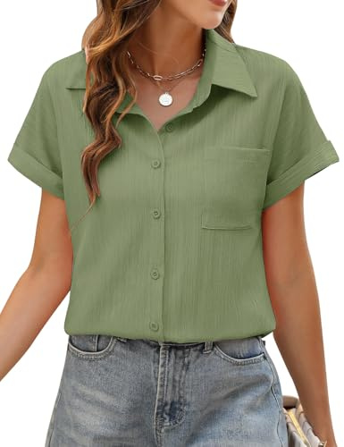 PASUDA Womens Blouse Summer Tops Short Sleeve Button Down Tee Shirts V Neck Elegant Solid Color Work Casual Ladies Tops Loose Basic Tunic Tops (Green, M)