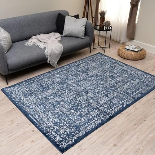 THE RUGS Montana Rug - Modern & Vintage Low Pile Area Rugs Living room, Bedroom, Kitchen, Soft Low Pile, Pet-Friendly, Easy to Clean [Vintage Navy, 120x170 cm]