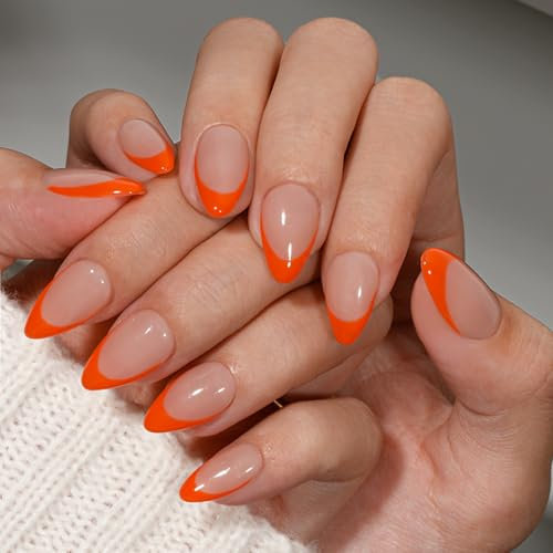 KQueenest French Tip False Nails with Glue, Neon Orange Press on Nails Short Almond, Natural Nude Fake Nails Press ons Stiletto, Reusable Vibrant Soft Gel Stick on Nail for Women, 30 Pcs