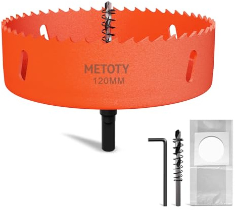 METOTY Scie-cloche bimétallique universelle HSS M42 de 120 mm, avec adaptateur d'arbre triangulaire et perceuse de centrage, un sac à poussière gratuit pour aluminium, métaux, plastiques, verre