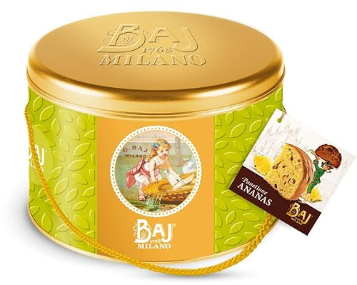 BAJ MILANO 1768 - Panettone artigianale all'ananas - 1 kg - In scatola storica di latta con libretto srtorico sul recupero del marchio Baj e della Confettera Baj.