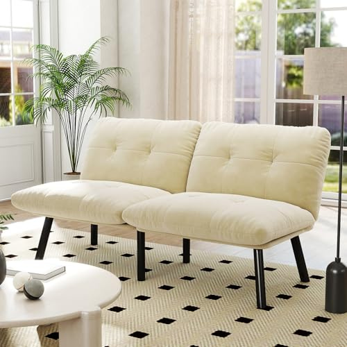 Bladez Klappbares Sofabett Cream, 2-Sitzer Futon mit Schlaffunktion, Platzsparendes Gästebett, Werkzeugfreier Sofort-Aufbau, Samtstoff (Cream + Foam + Iron + Metal + Velvet + Foam, Standard)