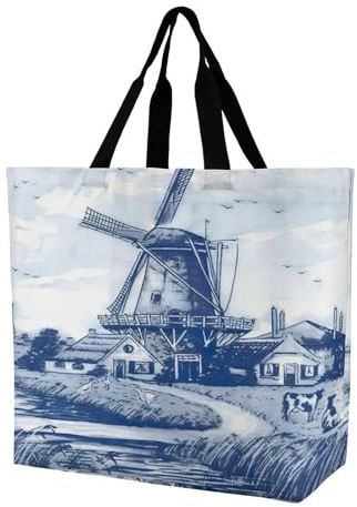 SJOAOAA Nederland Unisex-Einkaufstasche, niedlich, Vintage, niederländische Windmühle, Delfter Blau, große Tragetasche, lässige Geldbörsen, Arbeit, Nederland, niedlich, Vintage, niederländische
