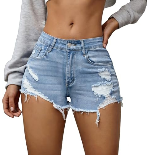 DOINEUFL Short en jean pour femme, taille haute, short en jean déchiré pour femme, pantalon décontracté à ourlet effiloché