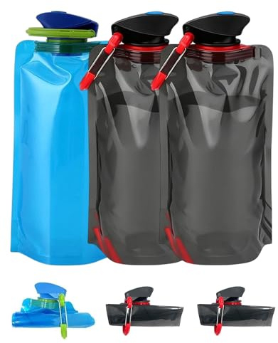 LOZTBUE Botella de Agua Portátil 3PCS (2 Negras 1 Azul), Plegable Flexible Reutilizable, Ligera y Resistente, Ideal para Camping, Viajes, Deporte y Uso Diario