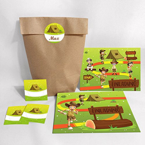 10-er Set Einladungskarten, Umschläge, Tüten, Aufkleber zum Kindergeburtstag Abenteuer Mädchen Junge/Schatzsuche Outdoor (10 Karten + 10 Umschläge + 10 Party-Tüten/natur + 10 Aufkleber)
