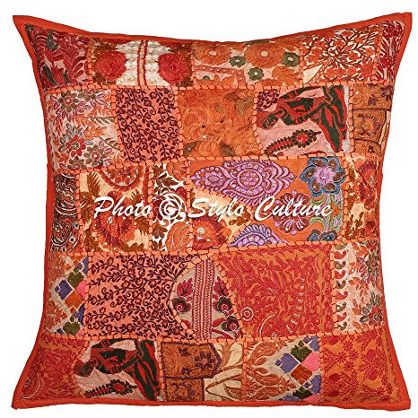 Stylo Culture Indian Kissen für Betten Orange Patchwork Bestickt Dekokissen Kissenbezug Baumwolle Square Hand genäht Floral 60x60 cm Kissenbezüge (1 Stück)