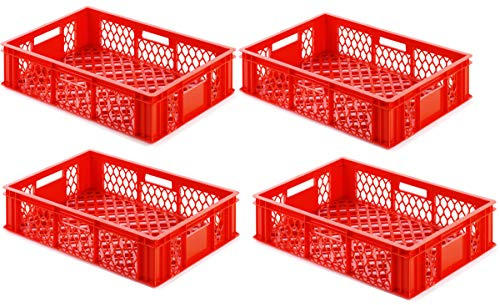 1a-TopStore VE (4 Stk.) Gastronomie Stapelkiste Euro-Maß, 600x400x154 mm (LxBxH), Wände und Boden offen, mit Grifföffnungen, lebensmittelecht aus HD-PE (rot)