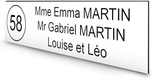 DECOHO - Étiquette Personnalisable boîte aux Lettres PVC Blanc Lettres Noires - 100x25x0,8 mm - 3 Lignes Gravure Laser Durable - Blanc