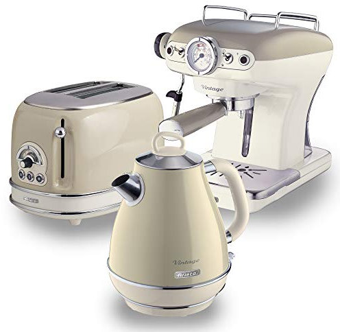 Ariete ARPK4 Retro Style Jug Kettle, 2 Slice Toaster and Espresso Machine Set, Vintage Design, Beige