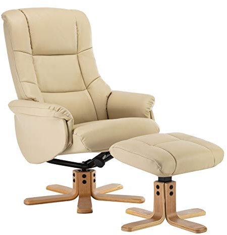 Morris Living Cairo Swivel Recliner Chair & Footstool in Cream Plush Faux Leather