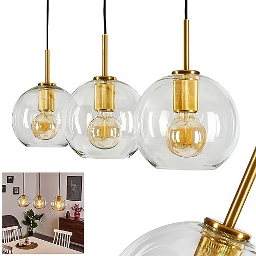Lámpara colgante Karo, lámpara colgante retro de metal dorado y pantalla de cristal transparente Alargada, lámpara de techo de 3 luces, altura 123 cm (ajustable), 3 x E27, sin bombilla(s)