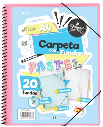 Starplast Dossier Pochettes spiralées flexibles - 20 pochettes transparentes, A4, fermeture élastique, couverture en polypropylène, personnalisable, utilisation scolaire et de bureau - rose pastel