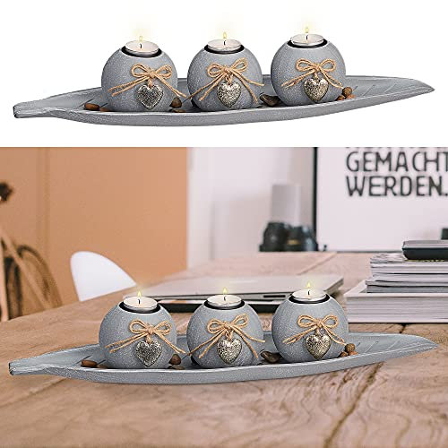 Teelichtleuchter Blatt │50x17cm MDF grau │3 Kugeln mit Teelicht │Schale in Blattform Herzen Kerzenhalter