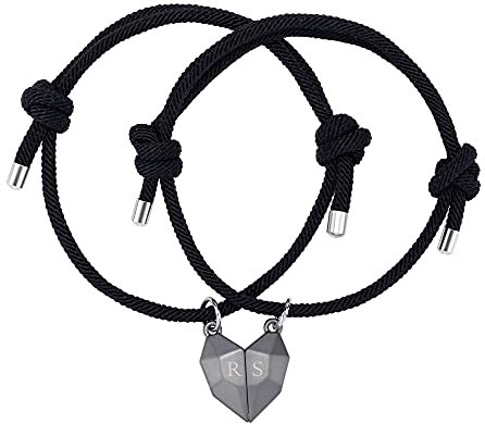 JSDDE Personalisierte Gravur Pärchen Armband mit Magnet Herz Anhänger Geflochtene Charms Paar Armbänder Partnerarmbänder Freundschaftsarmband für Liebhaber Schwestern Freunde
