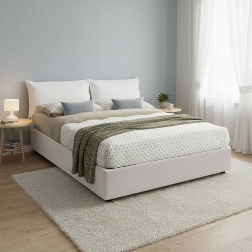 Talamo Italia - Doppelbett Fatima, Stauraumbett aus Öko-Leder, Frontöffnung, inklusive Matratze 140x200 cm, 100 % Made in Italy, Weiß