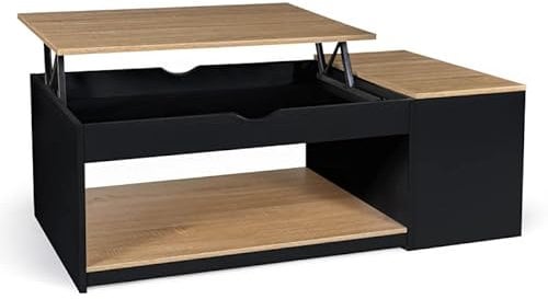 IDMarket - Couchtisch, aufklappbar, rechteckig, mit Truhe, Holz, Schwarz und Buchenoptik