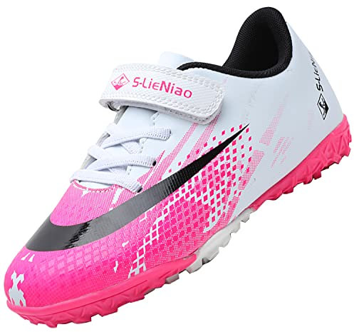 VLOOKST Scarpe da Calcio per Bambini e Ragazzi all'aperto Scarpe da Allenamento Sneaker Scarpe Sportive Ragazze Scarpe da Ginnastica Scarpe da Calcetto Unisex Bambino Bianco Rosa 34EU