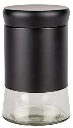 WENKO Glas Aufbewahrungsdose Boga, 600 ml, Black Outdoor Kitchen Dose mit Kunststoffdeckel&Schraubverschluss, aus rostfreiem Edelstahl, Glas, ideal für Gewürze, Ø 9x15 cm, Transparent, 55040100